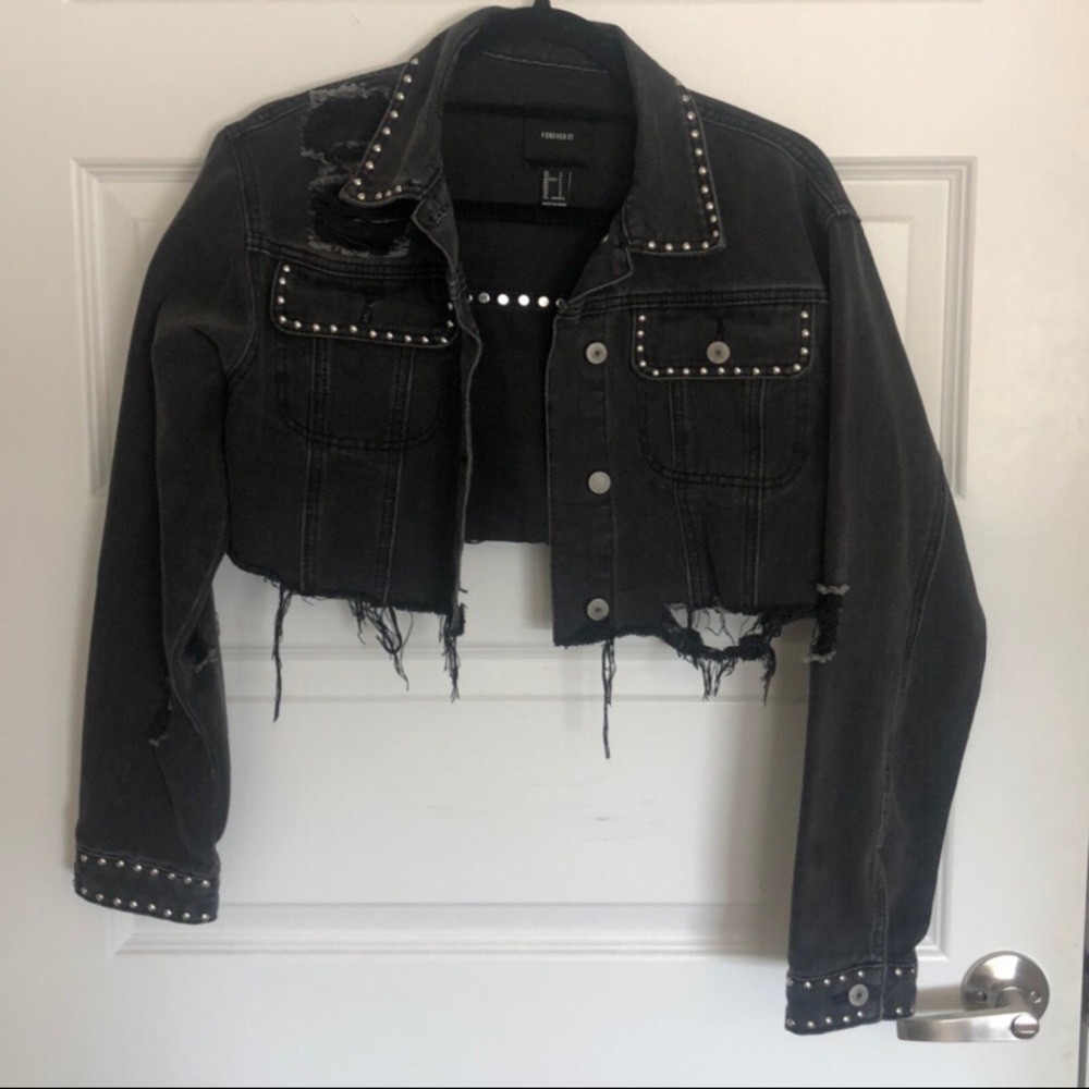 Distressed cropped & studded jean jacket